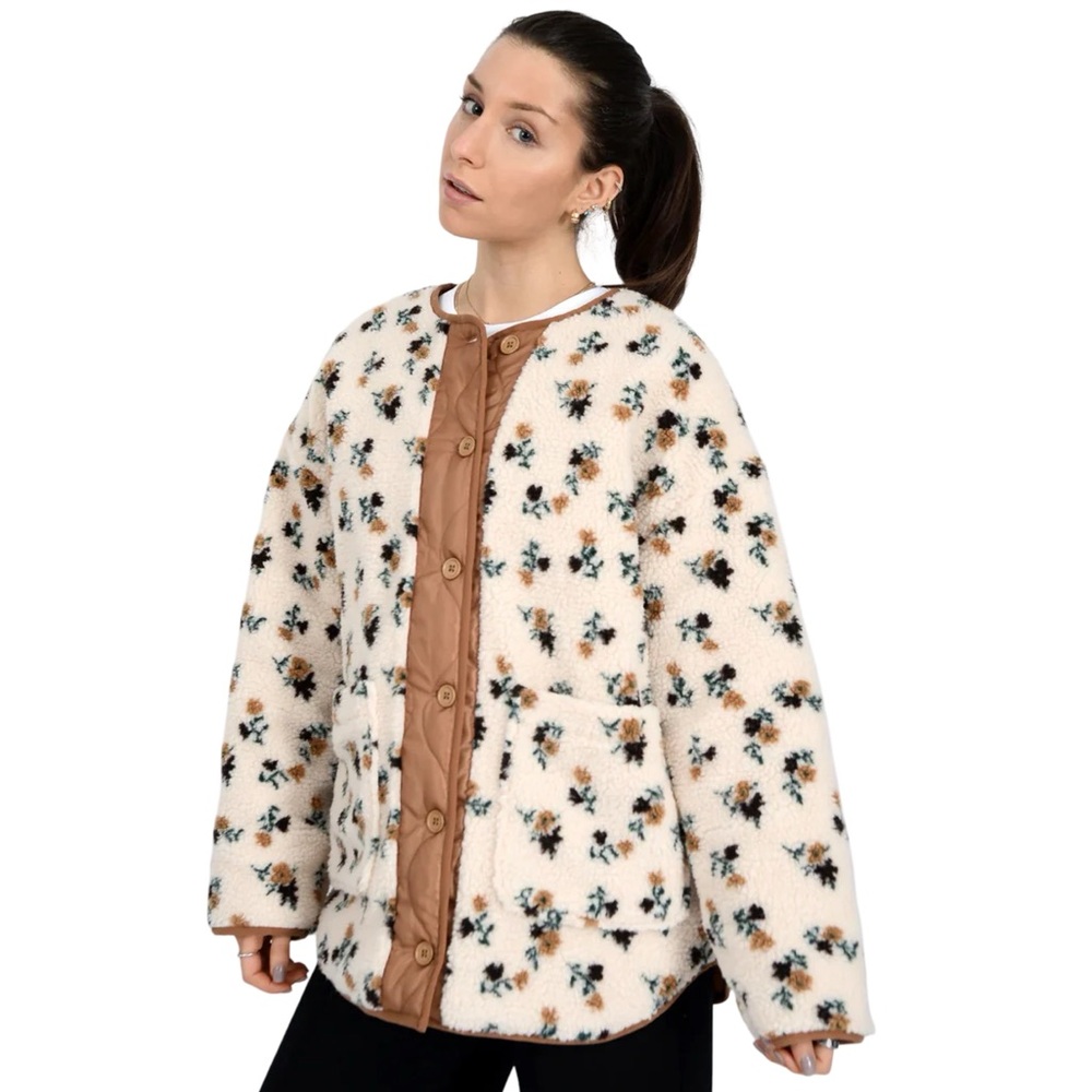 RD STYLE Sophia Sherpa Button Front Floral Cream & Tan Jacket Cottage Core Boho - Picture 4 of 14